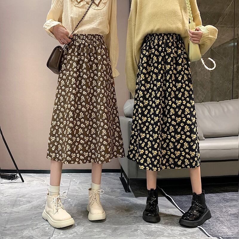 Aラインスカート スプリングオータムハイウェストウェストスリムフローラル 春物 秋物 花柄 1号婦人90576033261