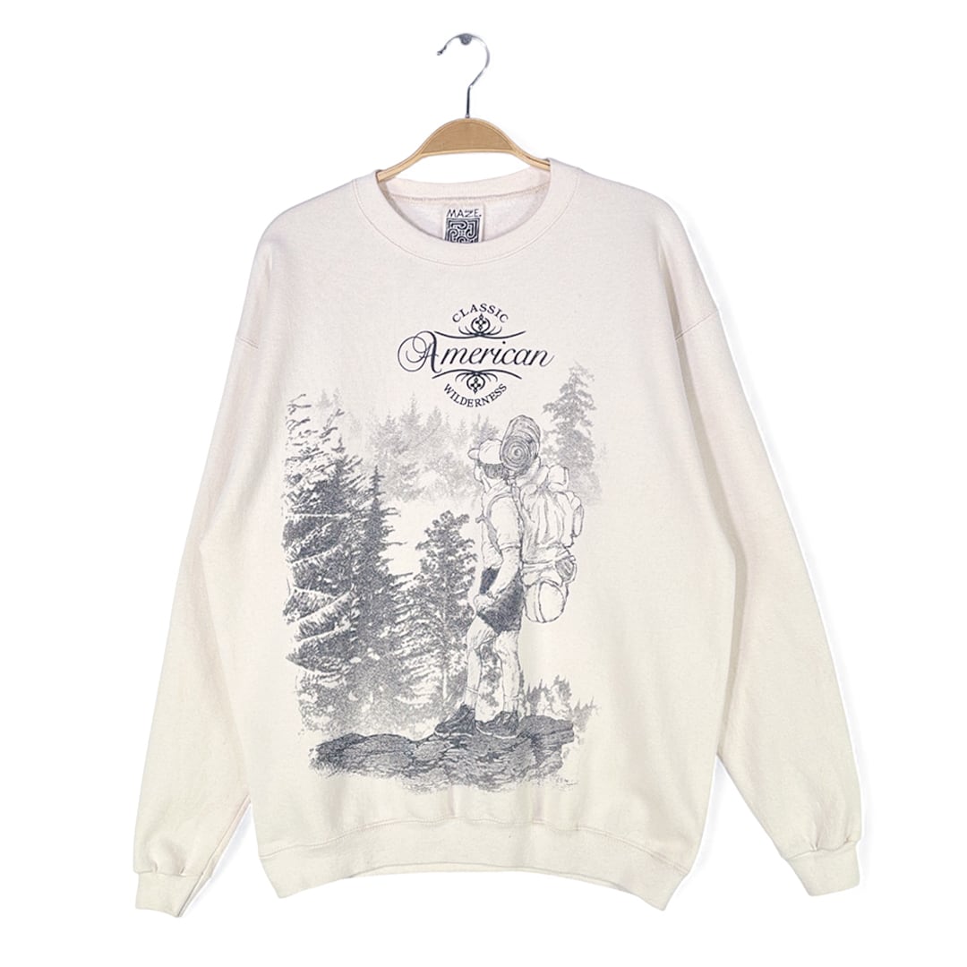90s MAZE 山登り少年 USA製 ヴィンテージスウェット グッドデザイン 生成りホワイト サイズM 古着 @CF0988