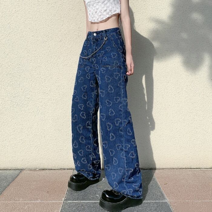 スタンダードジーンズ スタイルハイウェストウェストスリムカジュアルパンツ ワイドレッグ レトロ ワイドパンツ ケッペル4121868035