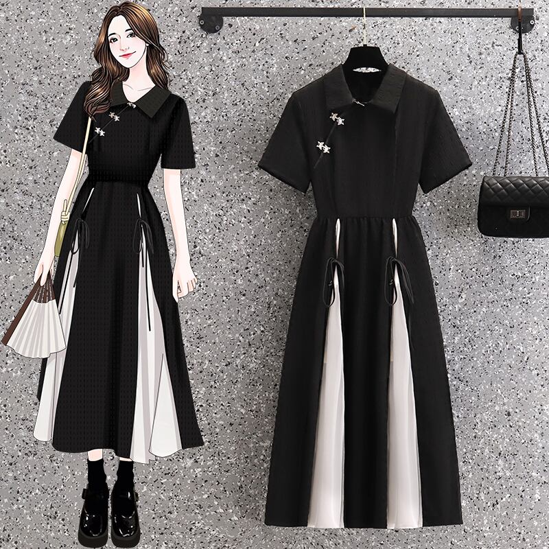 サブカル 服 地雷系 通販 ワンピ 半袖 ハイウエスト ロング丈 バイカラー Aライン 大人ゴシック