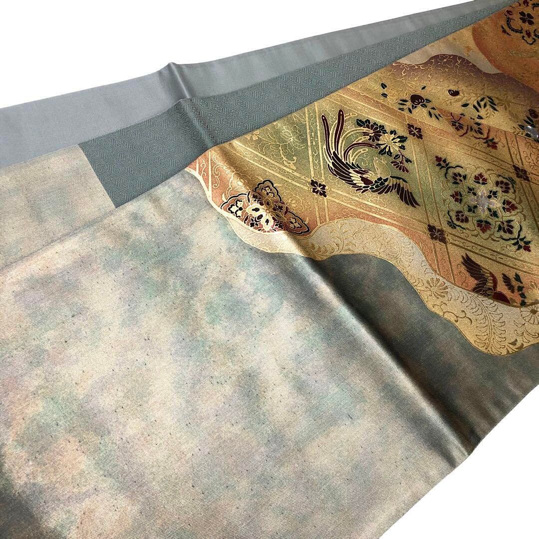 ZF535 袋帯 正絹 鳳凰 太鼓柄 銀箔 銀糸 手刺繍 高級 上質