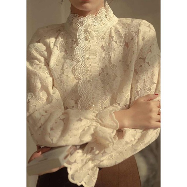 パールボタン スタンドカラー フラワー レースシャツ 24223