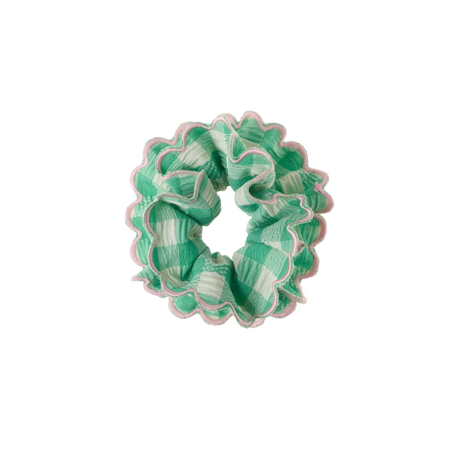 H2623G:Gertie Gingham Scalloped Scrunchie-GREEN