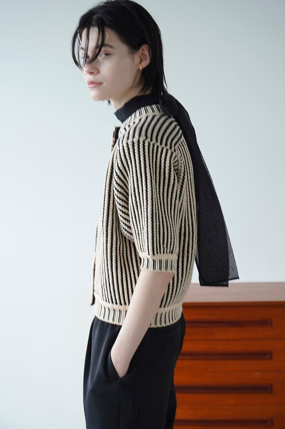 CLANE STRIPE CABLE HALF SLEEVE CARDIGAN M トップス 注文