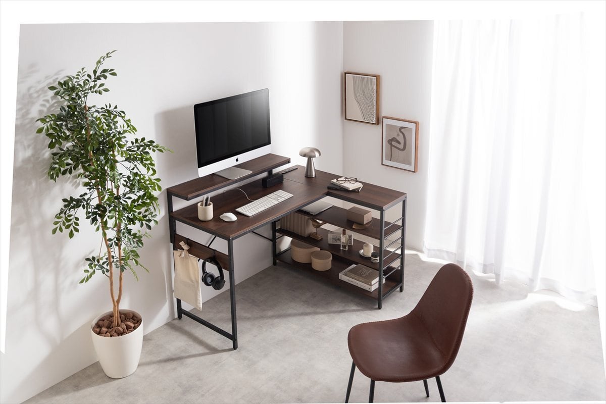 全6色】デスク、モニター台、ラックが一体となったL字型デスク