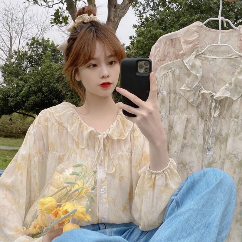 フローラルシャツ スプリングサマーシフォントップス ロング レース 春物 夏物 花柄 レースアップ 1号婦人28105960578