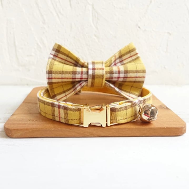 おなまえ猫首輪【イエローブラウン×タータンチェック】