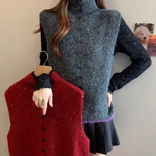 【2点セット】2色／ハイネックスパンコールニットベスト＋レースインナートップス ・73964