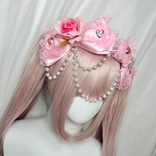 ♡【全5色】姫GAL 薔薇付き パールチェーンフリルリボンヘアクリップ vivid pink ♡