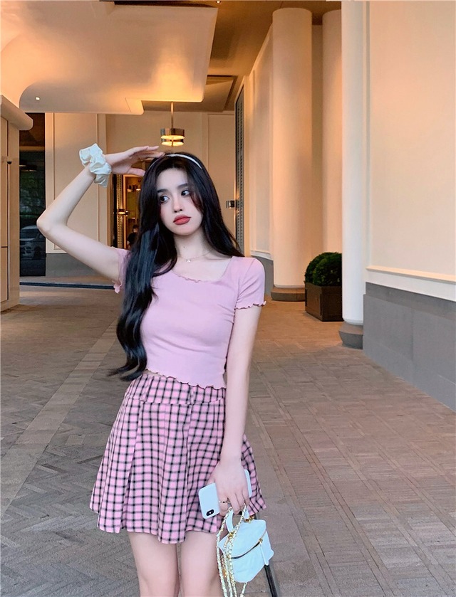 Tシャツ サマースリムショートトップス ピンク 夏物 ピュア スクウェア ブラックストロベリース37385035078