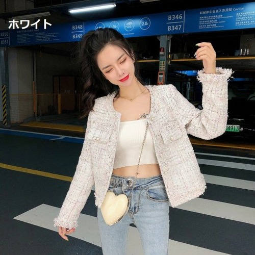ツイードジャケット レディース ノーカラージャケット 羽織 アウター ホワイト 白 ブラック 黒 カジュアル お出掛け きれいめ おしゃれ 長袖 ショート丈 ボタン ツイードジャケット レディース