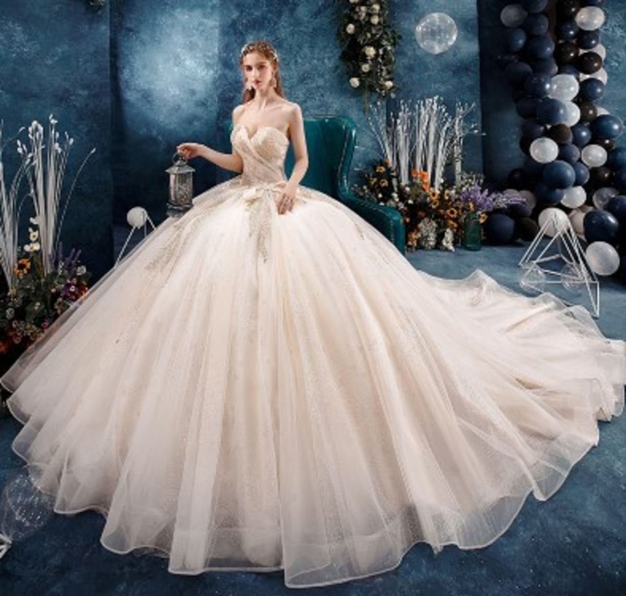 カラードレス シャンパン色 ソフトチュール ベアトップ エンパイア  