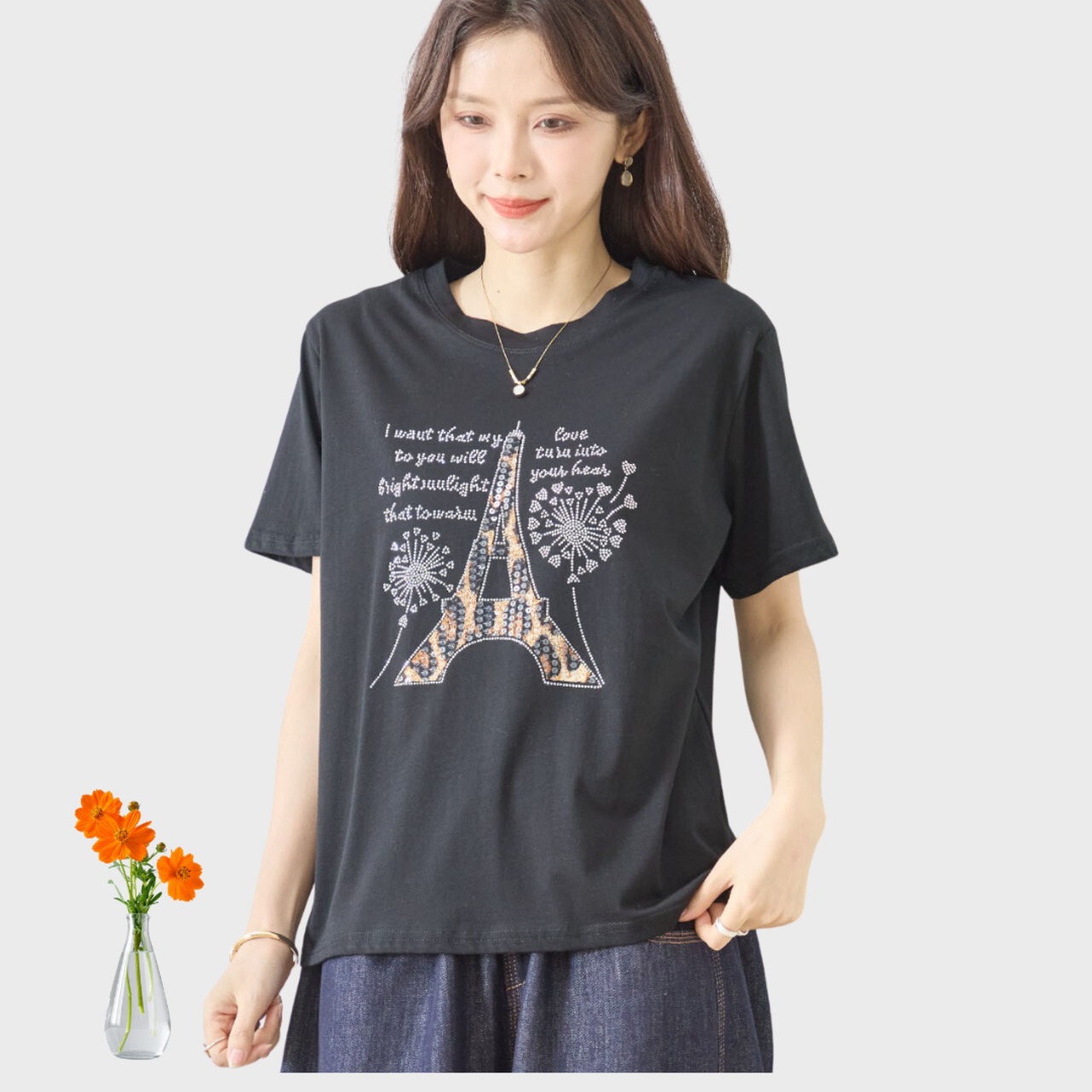 TRUBE エッフェル塔モチーフプリントTシャツN12-1054【M~L】ブラック