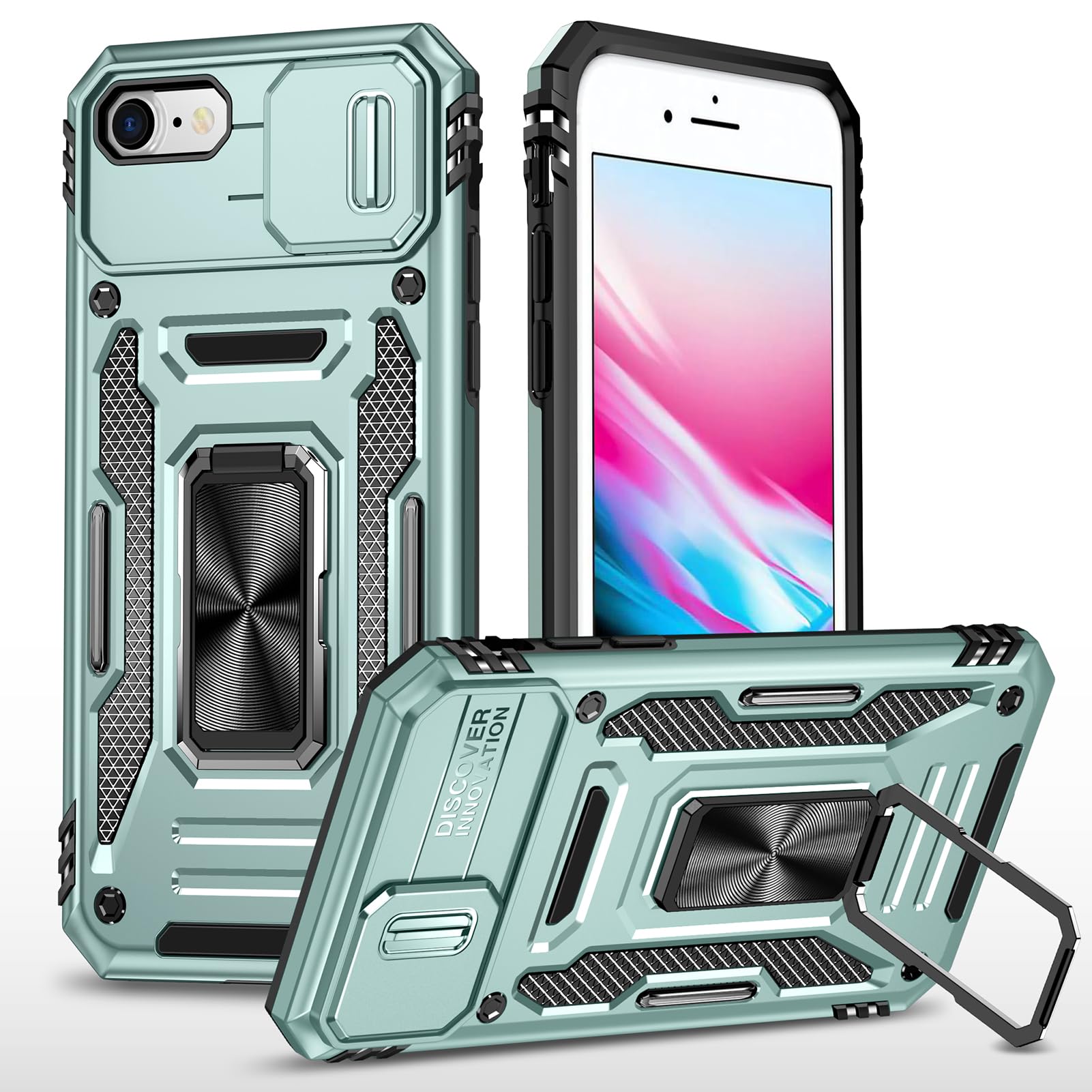 WOYSOBA 適合 iPhone SE3/SE2/8/7 用ケース リング 耐衝撃 車載ホルダー対応 TPU ブルーグリーン