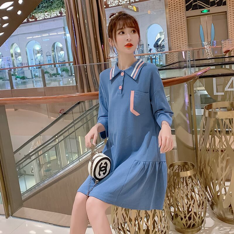 【新作】【送料無料】 マタニティウェア2019初秋バージョン新しいファッションラペルルーズミドル丈プラスサイズのマタニティドレス-アリババ 大きめサイズ オータム 秋物 expec289467428424