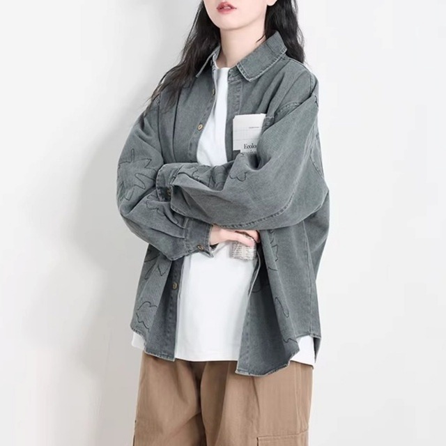 リーフモチーフステッチルーズフォルムシャツ 2col   R01940