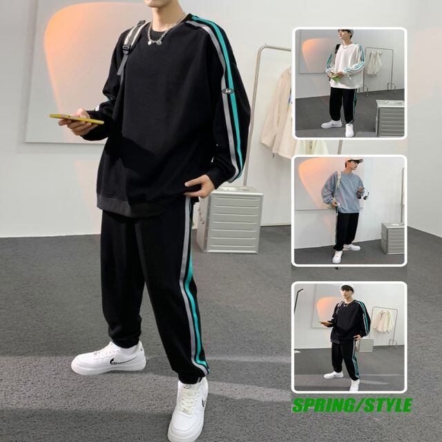 【予約販売】メンズ セットアップ 上下 スエット ライン 無地 ホワイト ブルーグレー ブラック 長袖 防寒 ジム スポーツウエア カジュアル 秋冬 大きいサイズ M/L/XL/2XL/3XL/4XL