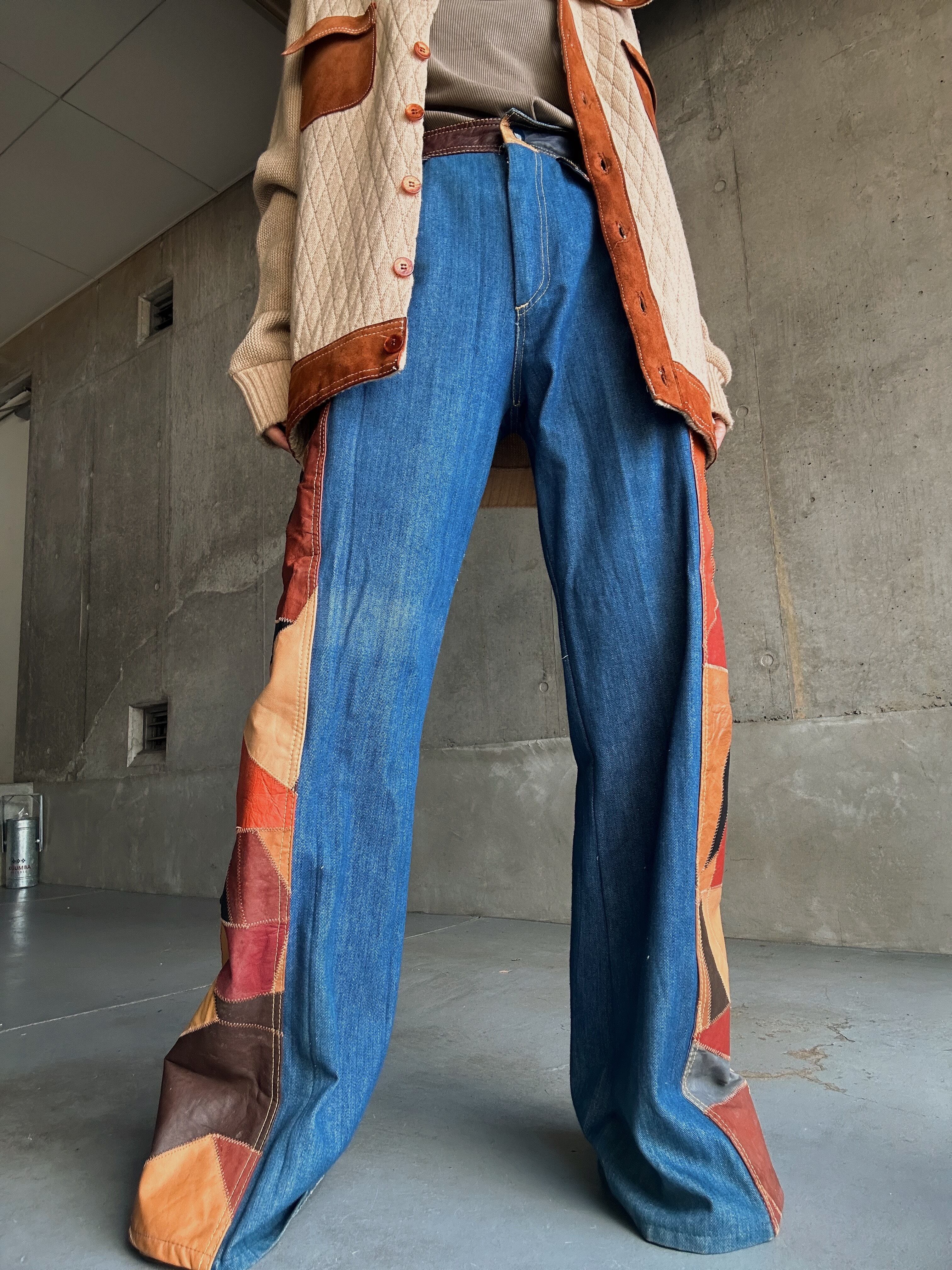 (PT759)90's Leather denim flare pants
