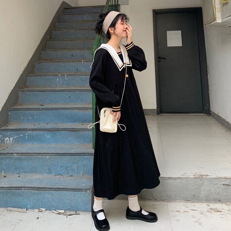 ネイビーカラー学生スモールスカート2020年春秋新作女性秋ルーズ気質ロングドレスロングスカート 萌量不足13512954212