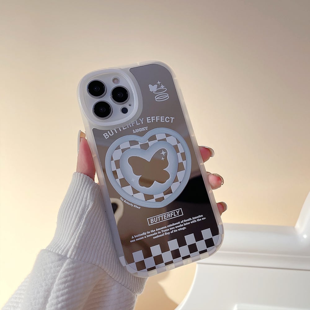 kinaマルチーズバタフライ　スマホケース iPhone全機種対応】大人気の背面ミラー◎バタフライ 韓国ケース 半透明