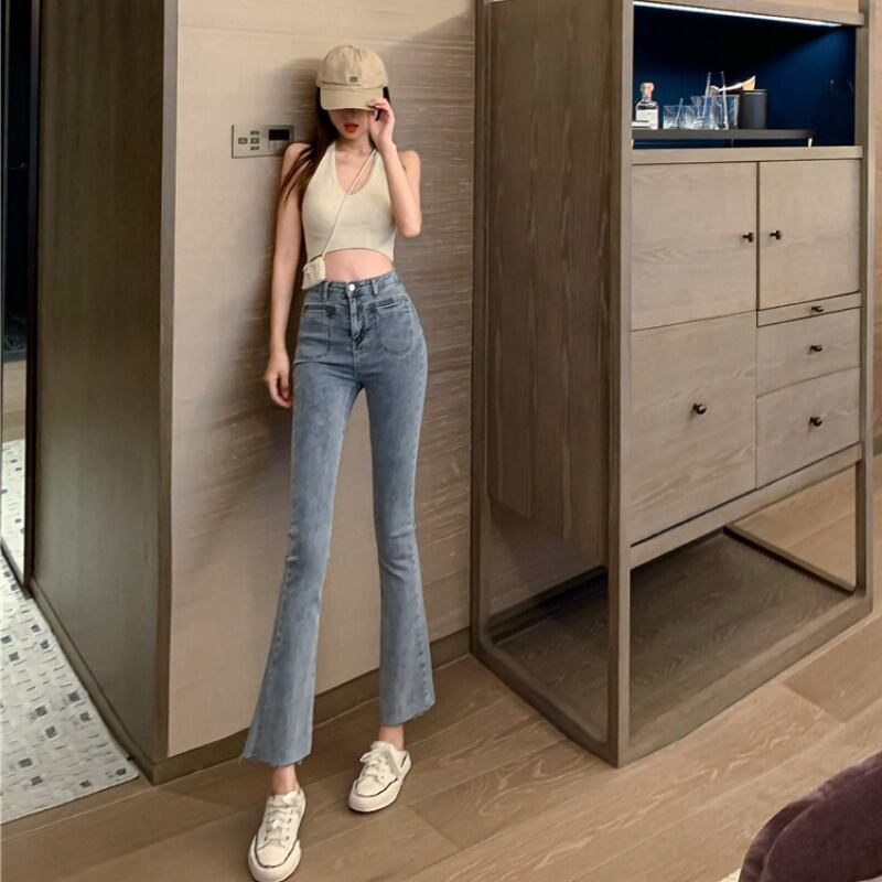 2020年夏の新しいスタイルのユーズド加工ハイウエスト擦り切れスキニーマイクロフレアパンツ9ポイントジーンズ女性インタイド 1号婦人84700469202