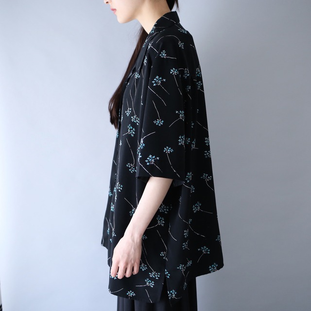 "花柄" black base turquoise blue flower pattern box silhouette open collar  h/s shirt