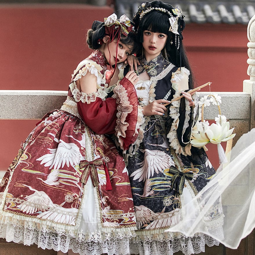ゴシック和風 鶴柄プリント 姫袖 ロリータ ドレス 赤黒 豪華フリル 中国風