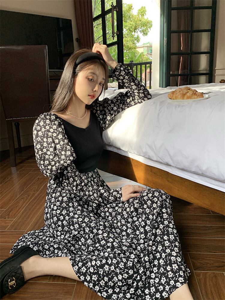 ドレス オータムフローラル ロング 大人ガーリー スウィート キュート カジュアル 秋物 花柄 ステッチ モンロー59649208484