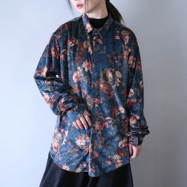 beautiful flower pattern loose silhouette velours see-through shirt