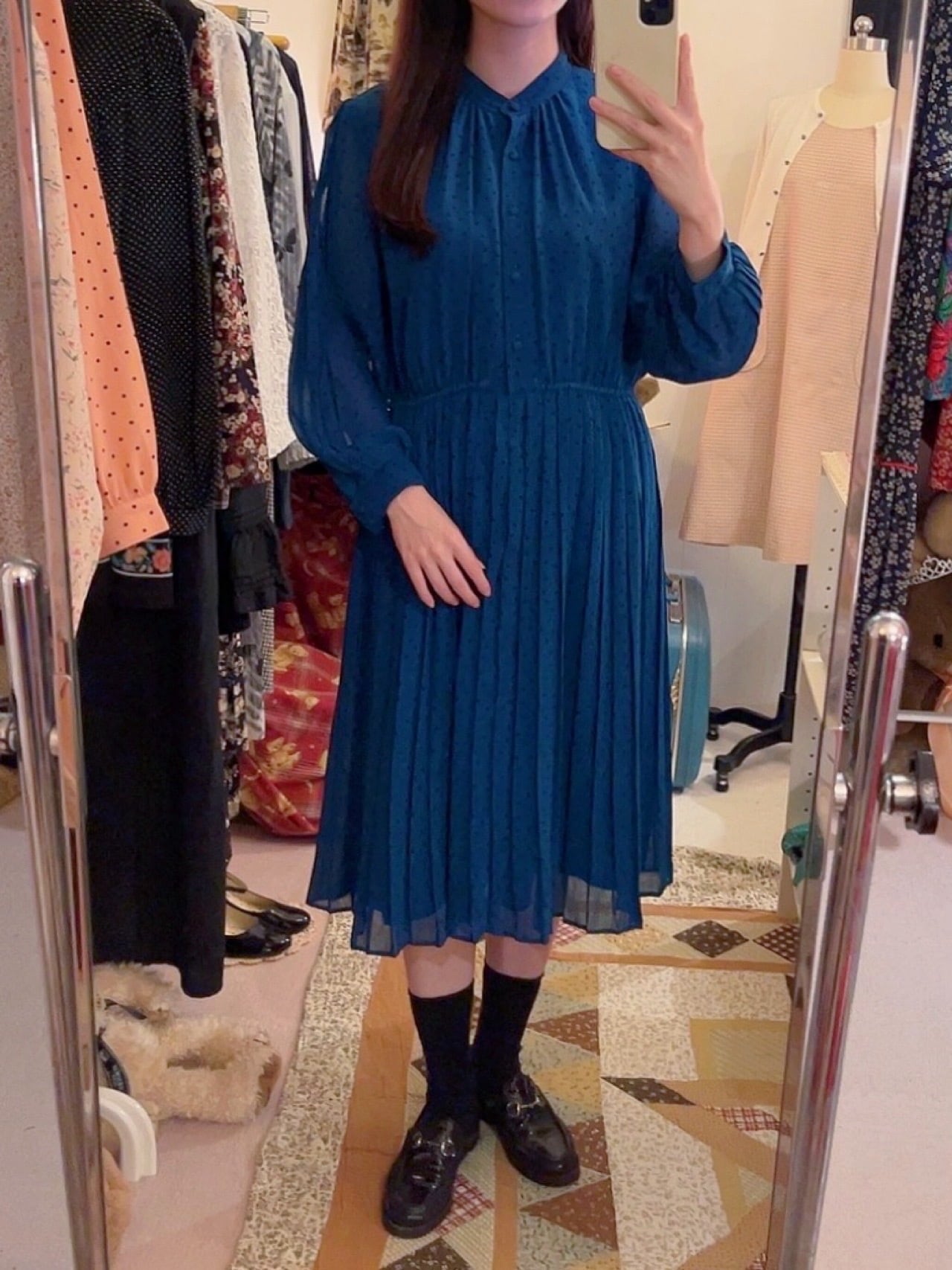 blue green dot pleats one-piece