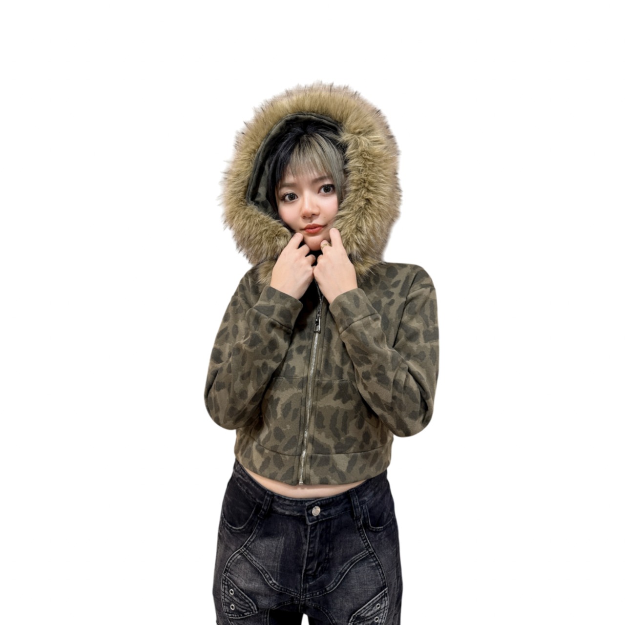 Y2K コーデ ファーフードアウター レオパード 韓国地雷系