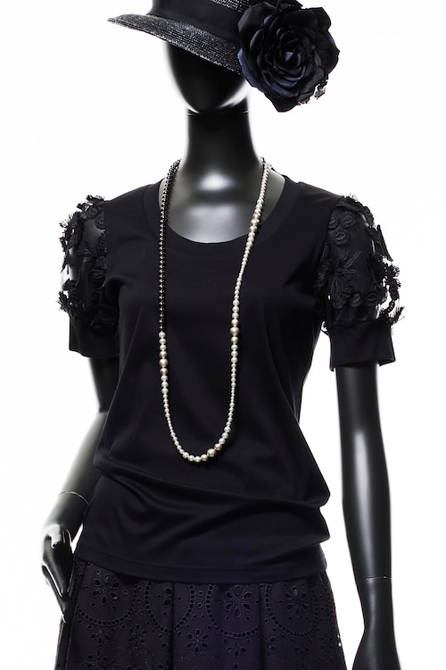 【221K002】Uネックレースパフプルオーバー　B_ブラック×ブラック