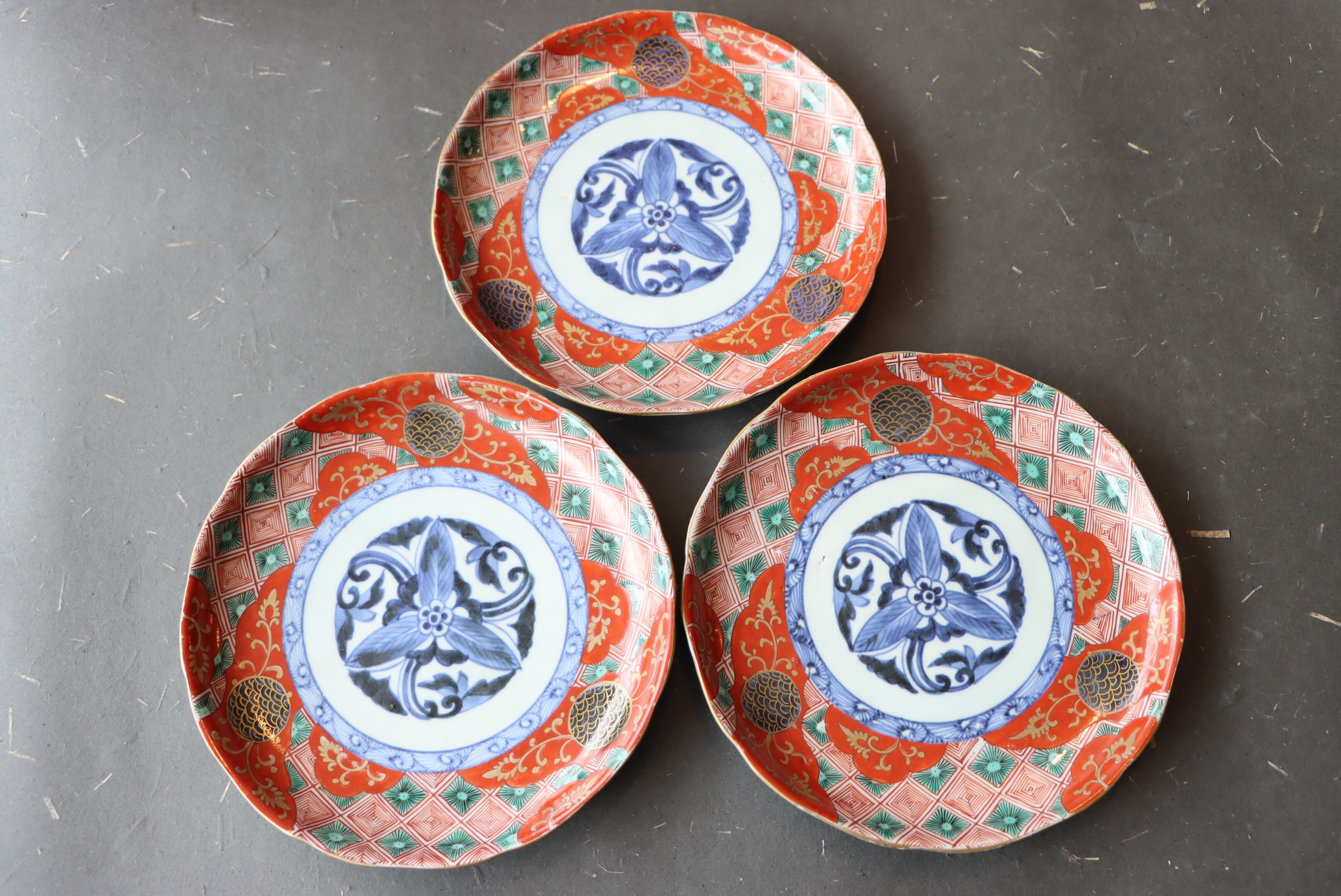 古伊万里 色絵 石畳文 中皿 六寸 六枚組 合箱 /Old Imari