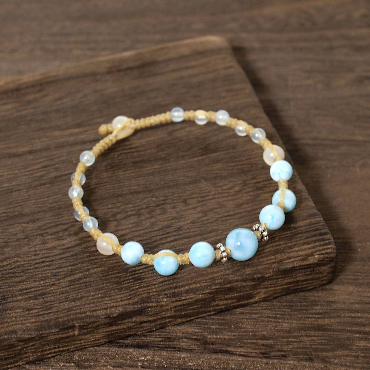 限定】ラリマー＋ムーンストーン＋アクアマリンつゆマクラメ