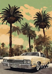 California Life｜クラシックカーとパームツリーのヴィンテージアートポスター｜カリフォルニア気分を楽しむ西海岸インテリアA4ポスター