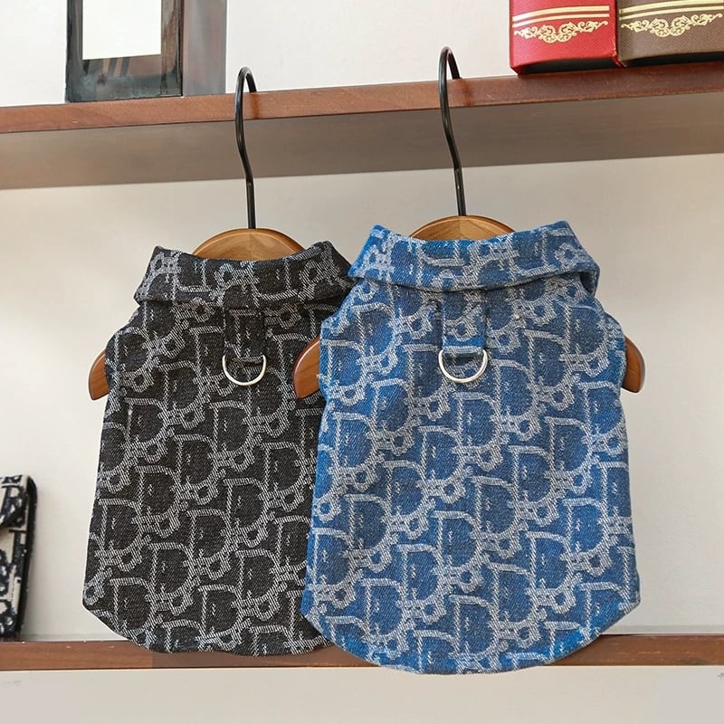犬服 デニム調 総柄 ベスト ジャケット 襟付き Dカン付き 前開き