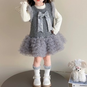 【新品】【100cm】【グレー】裾フレアチュールリボンワンピース【0710010】