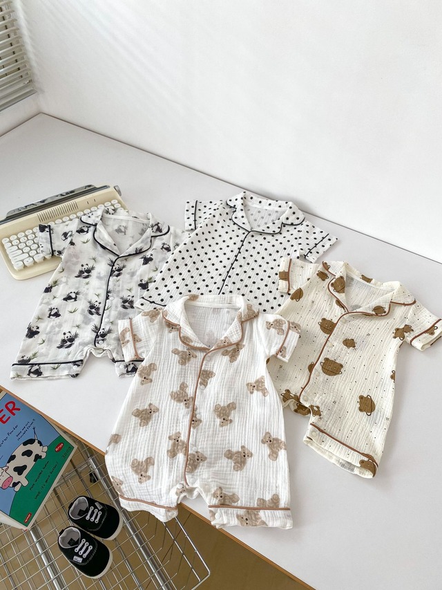 【BABY】くまパンダドット柄半袖前開きロンパース - 9