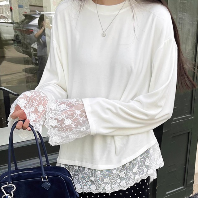 Hem lace round neck tops　2colors　RW1275