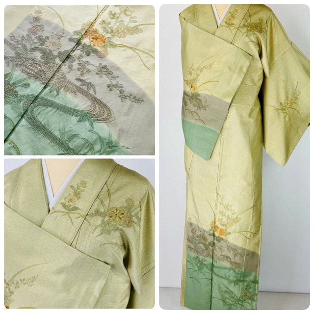 染大島 汕頭刺繍 訪問着 本場大島紬 花柄 正絹 若菜色 黄緑 789 