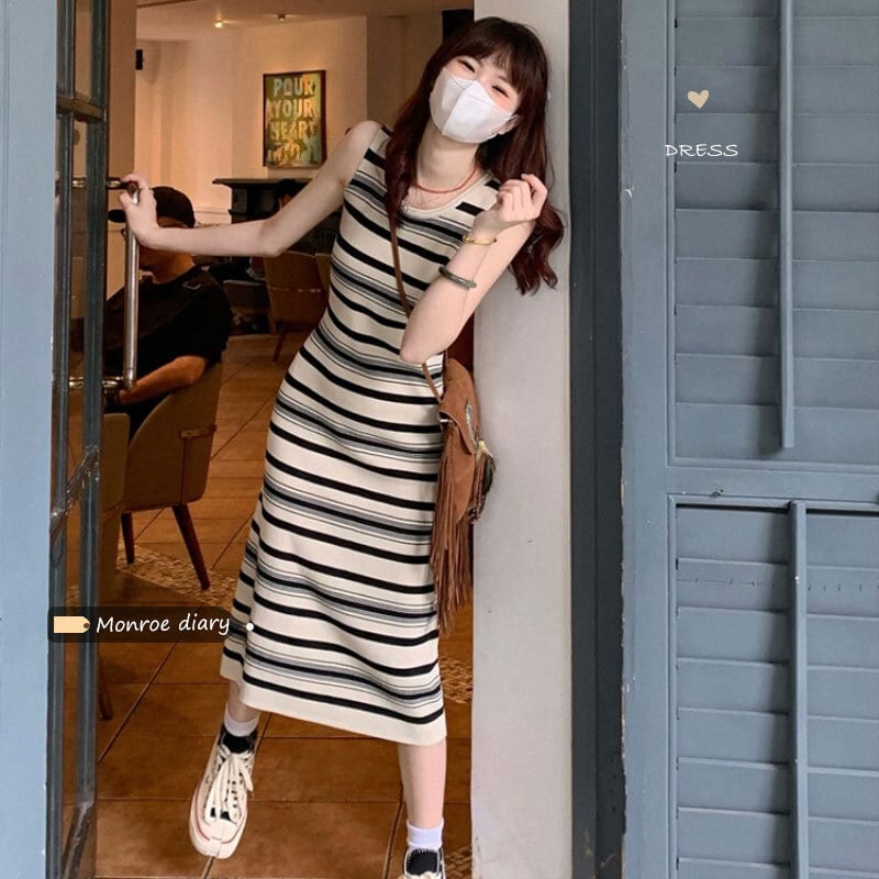 ボーダーワンピース ワンピ ロング ストライプ ノースリーブ シンプル カジュアル レトロ 韓国ファッション 2color Luluca 韓国トレンドファッションluluca ルルカ