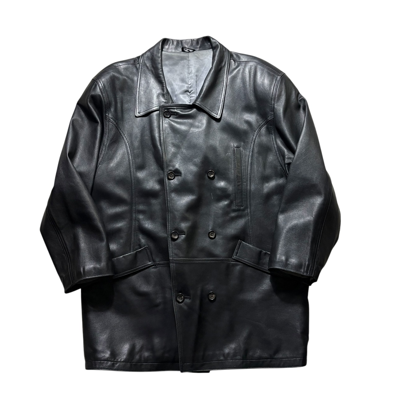 LANVIN black leather double breasted half coat