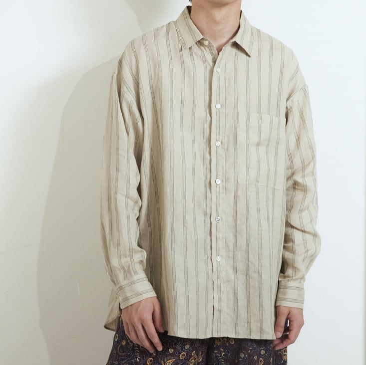 LINEN STRIPE BIG SH / リネンストライプBIGシャツ(BEIGE) | KICS