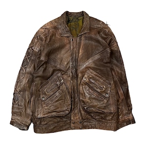 【古着】"Lace−Up Design " Leather Jacket Brown