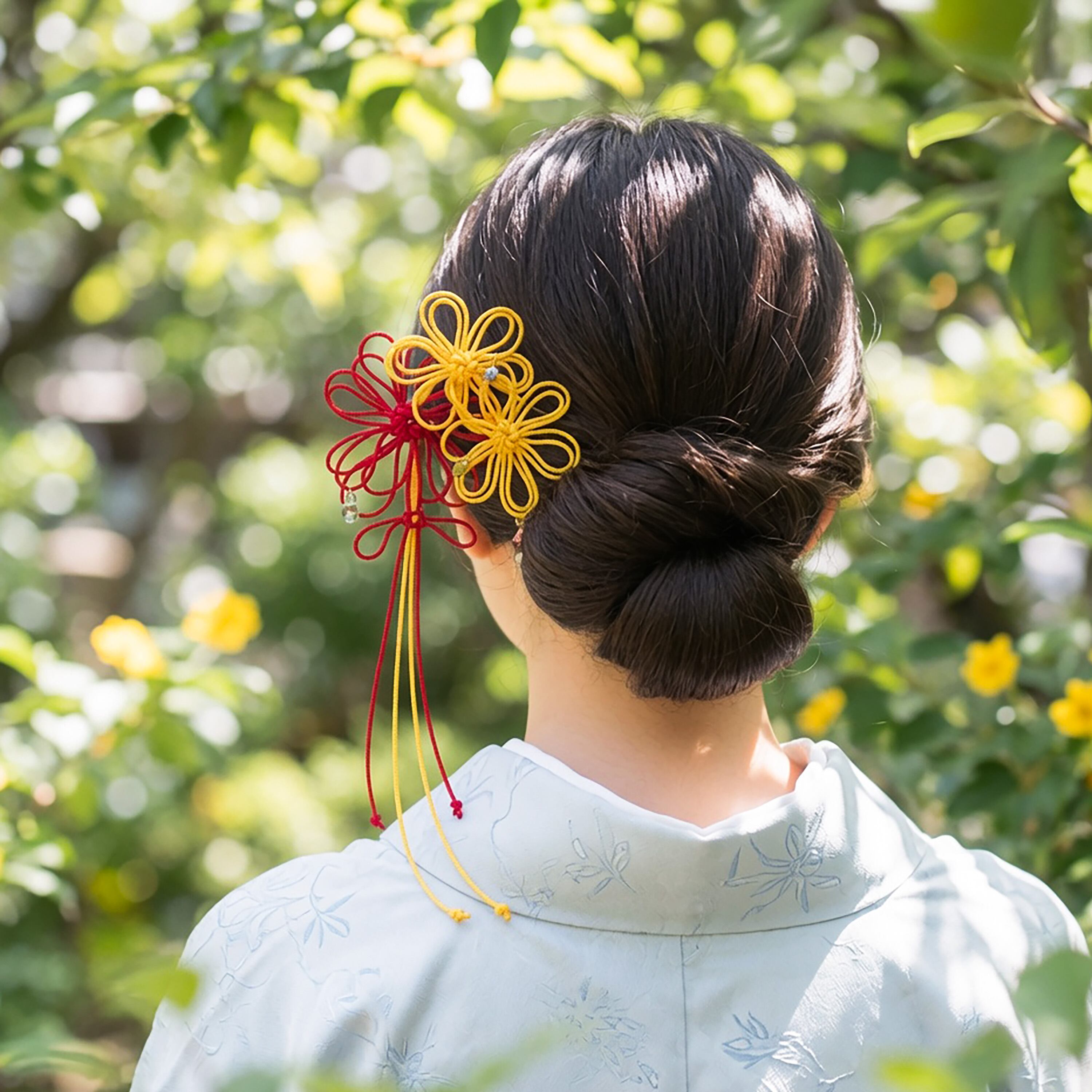飾り結びかんざし「唄ほのか」(黄×赤)【軽量】浴衣・着物・フォーマルの和装ヘアに。