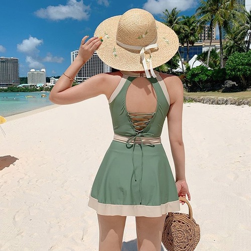 送料無料 ワンピース 水着 韓国水着 体型カバー水着 ワンピース40代 20代 30代 体型カバー オールインワン レディース ぽっちゃり 水着3点セット グリ