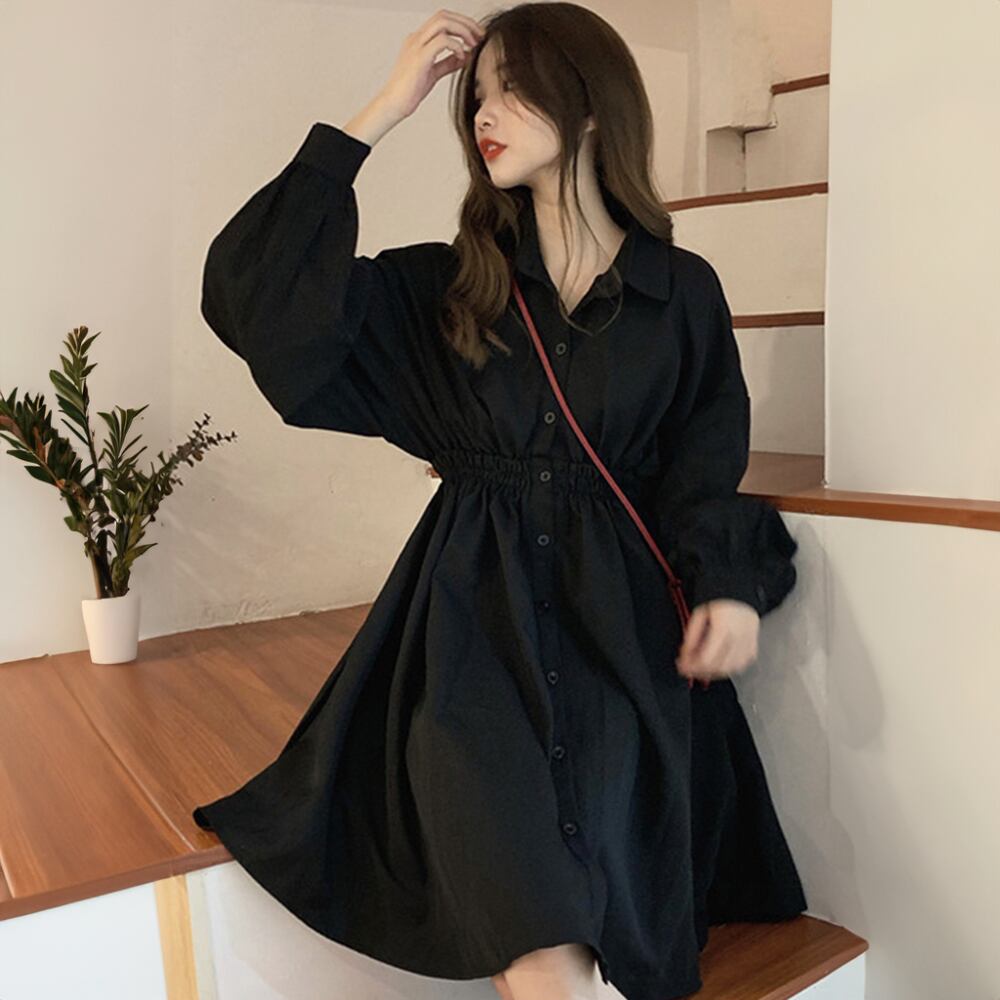 ワンピース 長袖 レディース 春夏秋 韓国 シャツワンピース きれいめ 大人 かわいい フェミニン シンプル ボリュームスリーブ おしゃれ 大人可愛い 大人女子