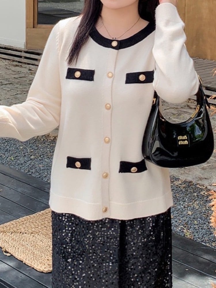 大人フェミンに仕上がる♡ クラシックバイカラーカーディガン ゴールドボタン 大人コーデ 防寒 シンプル オフィス 体型カバー 大きいサイズ 韓国 CH10016