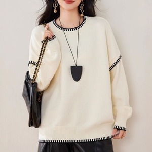 配色ステッチニット プルオーバー レディース 配色ステッチセーター トップス ビッグシルエット オーバーサイズ 体型カバー 長袖 クルーネック ゆるニット 大人カジュアル モードカジュアル 春 冬 春服 30代 40代 CO5422