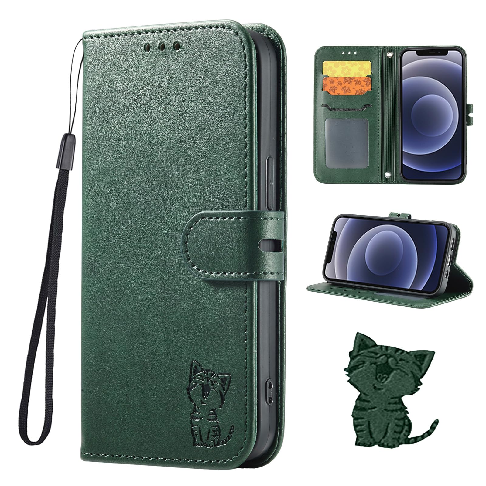 SENNWAK 適合する iPhone 17ケース 手帳型 アイフォン17用ケース case 笑顔猫ちゃん iPhone17向けスマホケース ストラップ付き カード入れ スタンド機能 レトログリーン